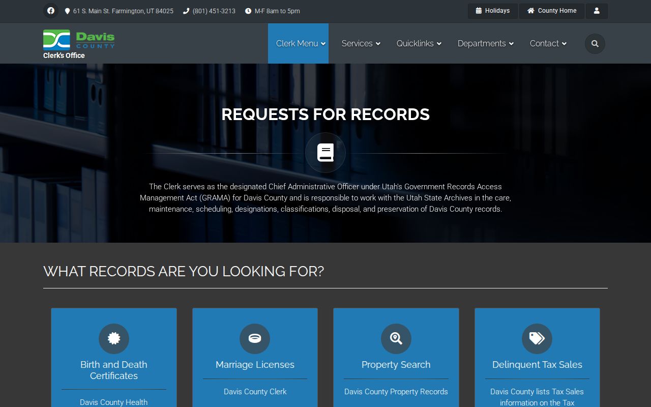 Farmington residents directory Davis County Clerk records routing