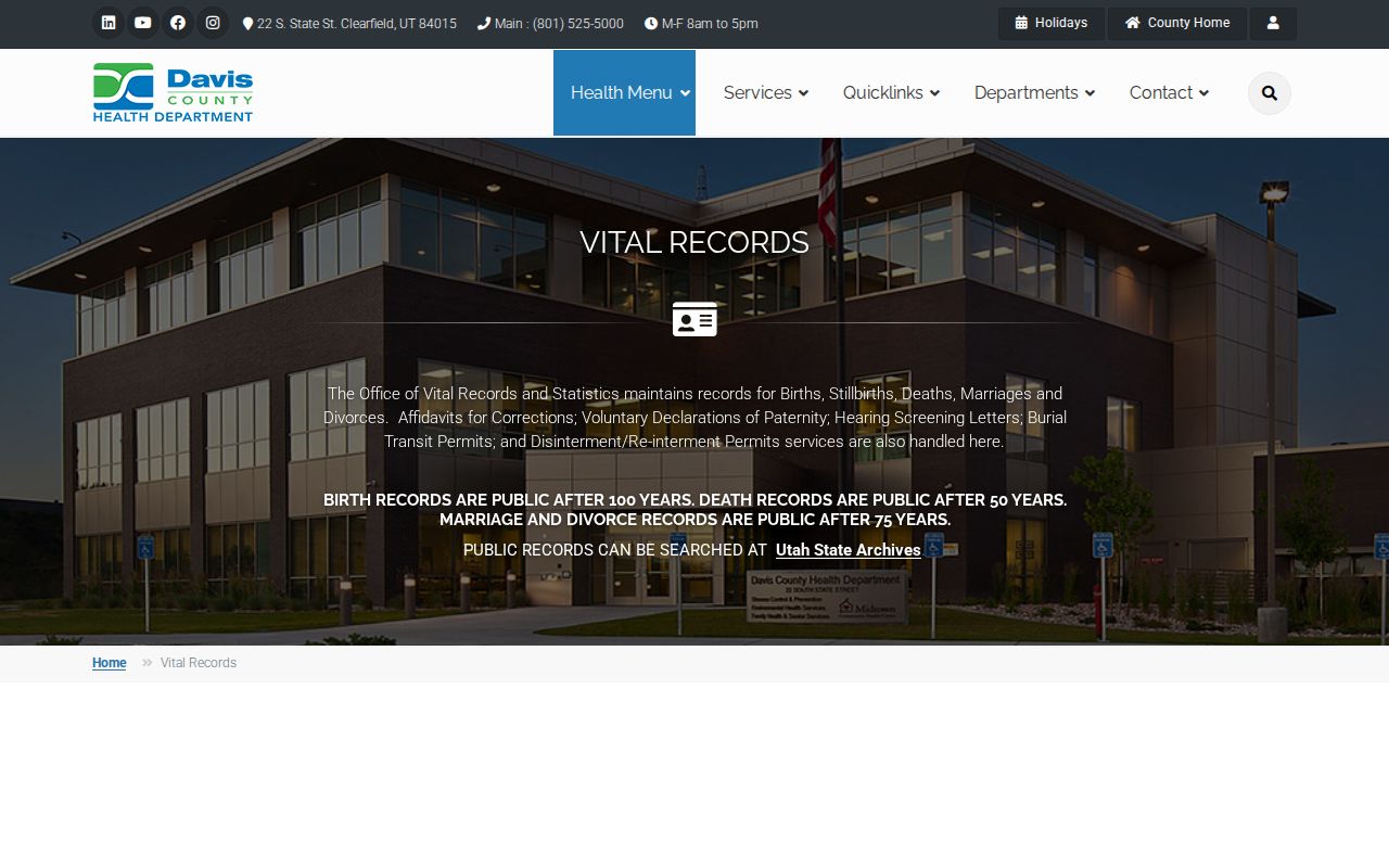 Farmington residents directory Davis County vital record request